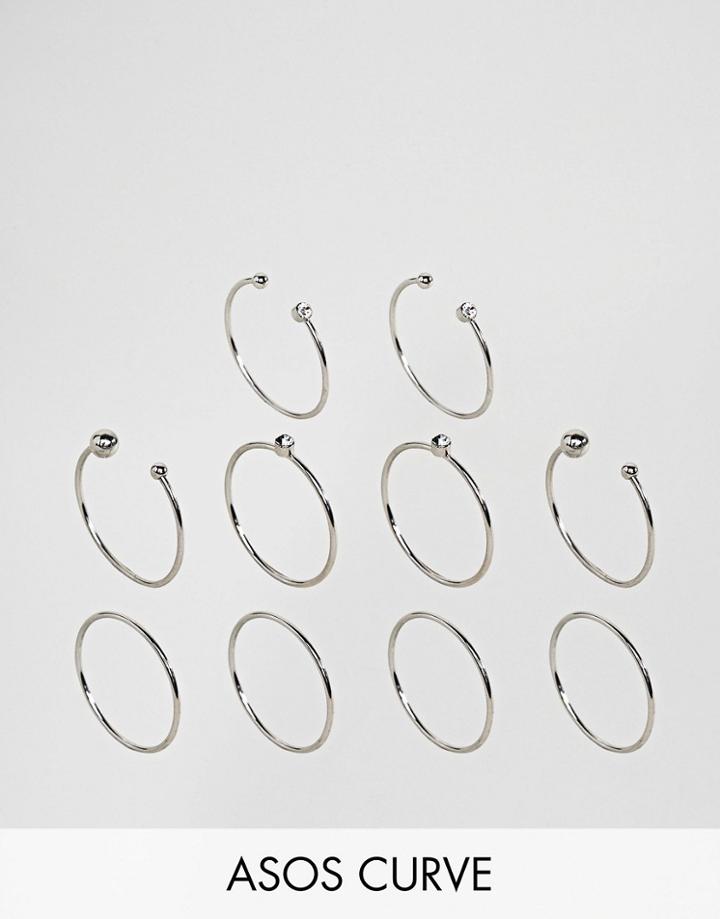 Asos Curve Exclusive Pack Of 10 Open Ball And Crystal Detail Rings - Silver