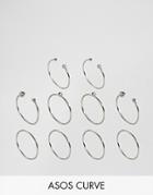 Asos Curve Exclusive Pack Of 10 Open Ball And Crystal Detail Rings - Silver