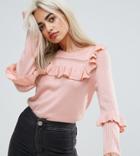 Asos Petite Sweater With Frill And Pointelle Detail - Pink