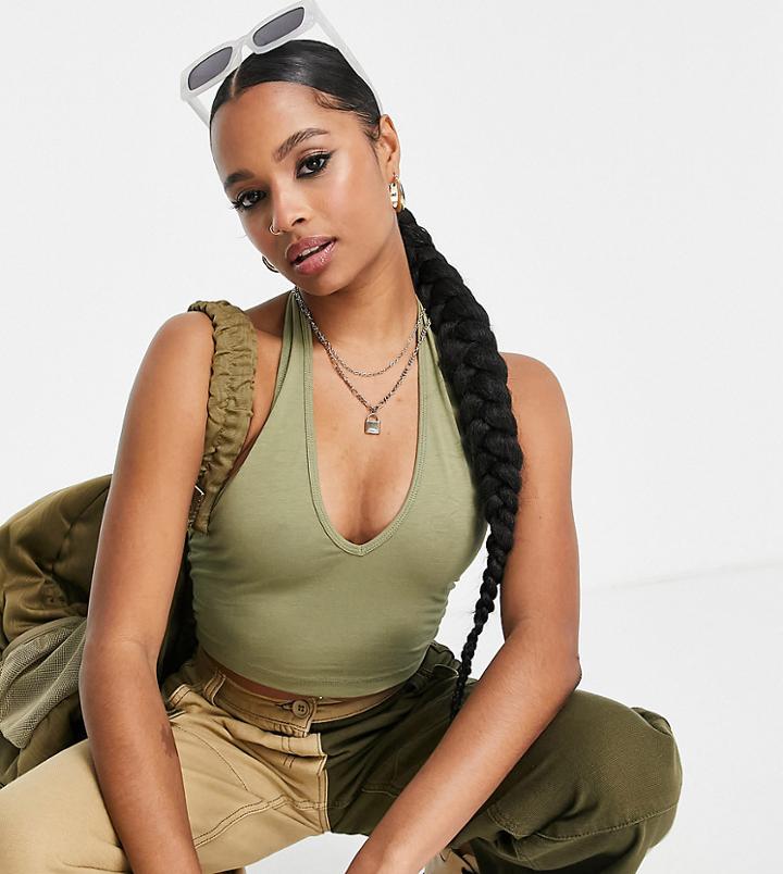 Asos Design Petite Halter Neck Crop Top In Khaki-green