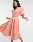 Asos Design Ruched Shoulder Belted Soft Prom Midi Dress In Pink