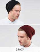 Asos Slouchy Beanie Hat 2 Pack In Black And Burgundy Save 20%