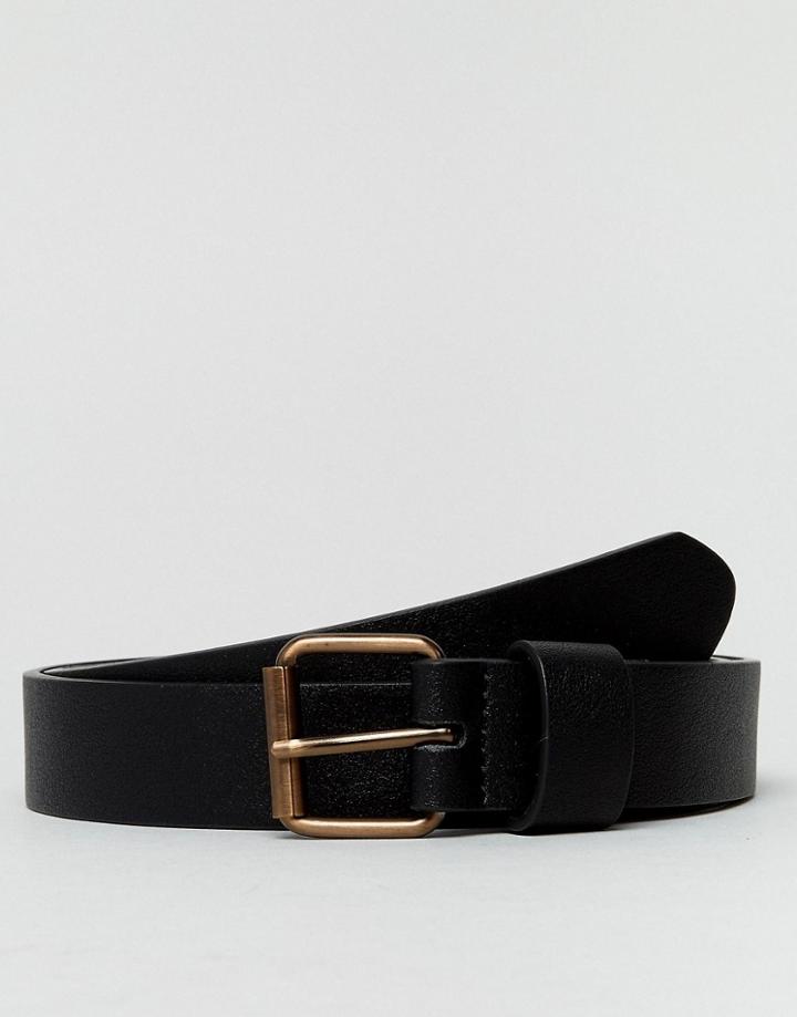 Asos Slim Belt In Faux Leather With Contrast Copper Buckle - Black