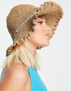 Asos Design Packable Frill Edge Crochet Straw Bucket Hat In Neutral With Beaded Band