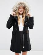 Asos Wool Blend Fur Hooded Duffle Coat - Black