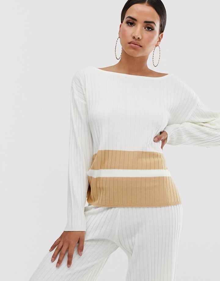 Asos Design Lounge Knitted Sweater With Stripe Hem-white