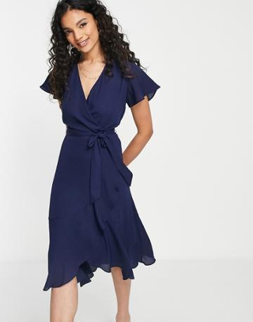 Style Cheat Wrap Tie Ruffle Midi Dress In Navy