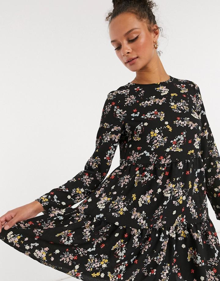 Asos Design Long Sleeve Tiered Smock Mini Dress In Black Floral Print-multi