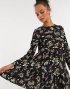 Asos Design Long Sleeve Tiered Smock Mini Dress In Black Floral Print-multi