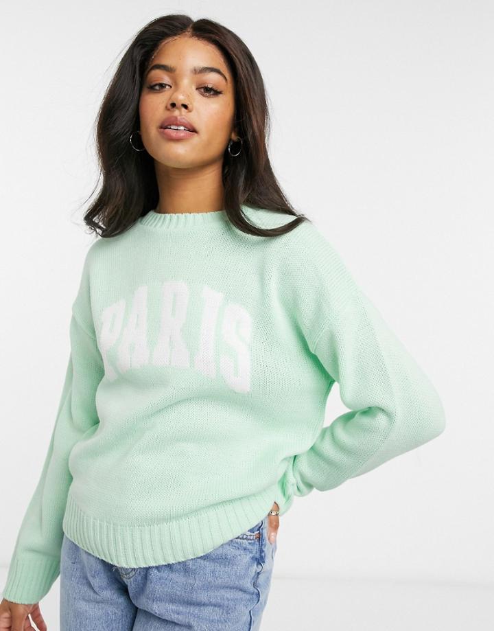 Asos Design Sweater With Paris Logo In Mint-green