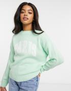 Asos Design Sweater With Paris Logo In Mint-green