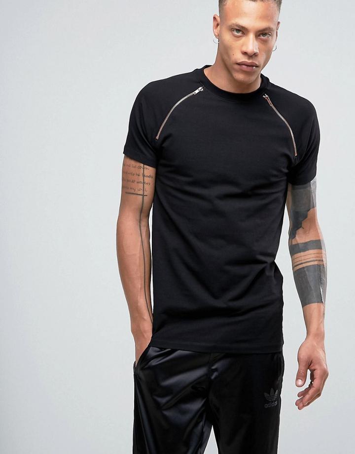Asos Muscle Raglan T-shirt With Rose Gold Zips In Black - Black