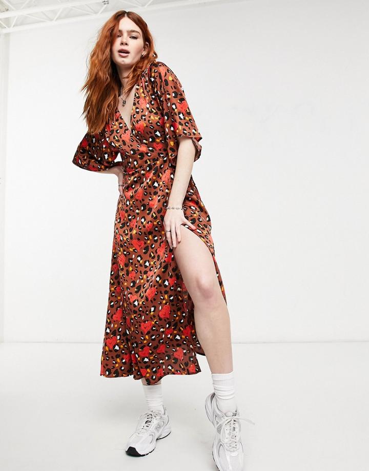 Liquorish Kimono Midi Wrap Dress Inbrown Leopard And Heart Print-multi
