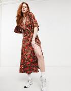 Liquorish Kimono Midi Wrap Dress Inbrown Leopard And Heart Print-multi