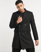 Moss London Double Breasted Overcoat In Black