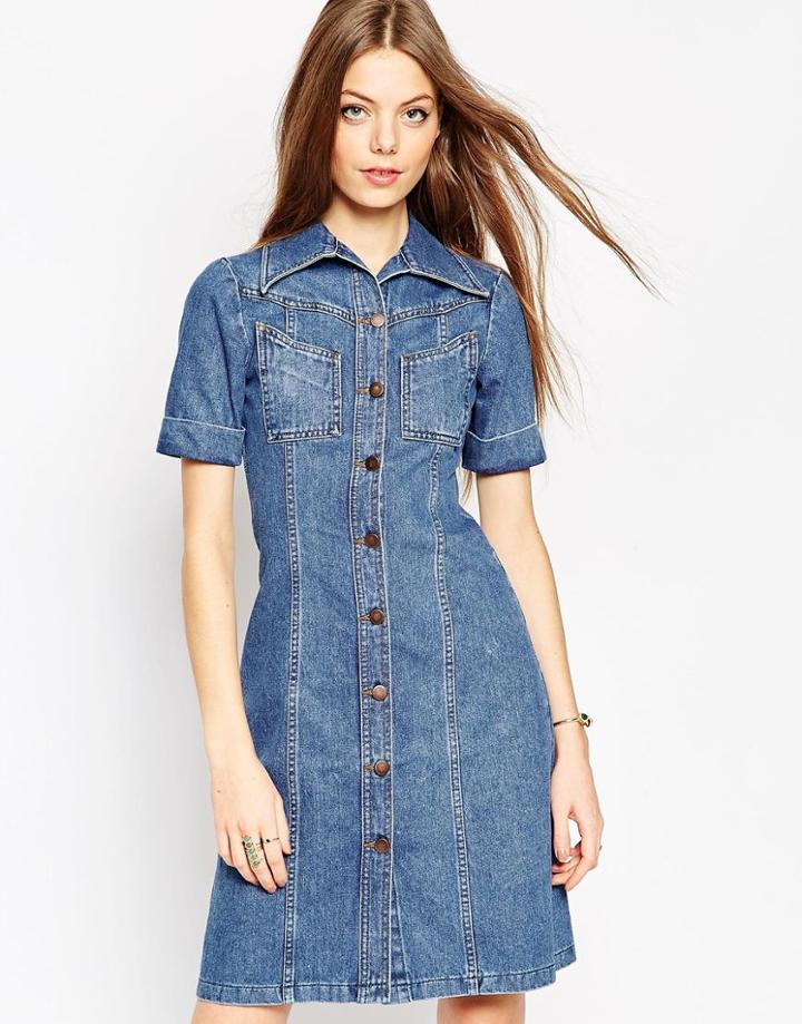 Asos Denim A-line Midi Dress In Mid Wash Blue With Turn Up Sleeve - Blue