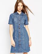 Asos Denim A-line Midi Dress In Mid Wash Blue With Turn Up Sleeve - Blue