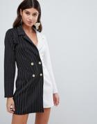 Prettylittlething Stripe Contrast Blazer Dress In Mono - Black