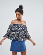 Qed London Off Shoulder Floral Printed Sheer Off Shoulder Top - Navy