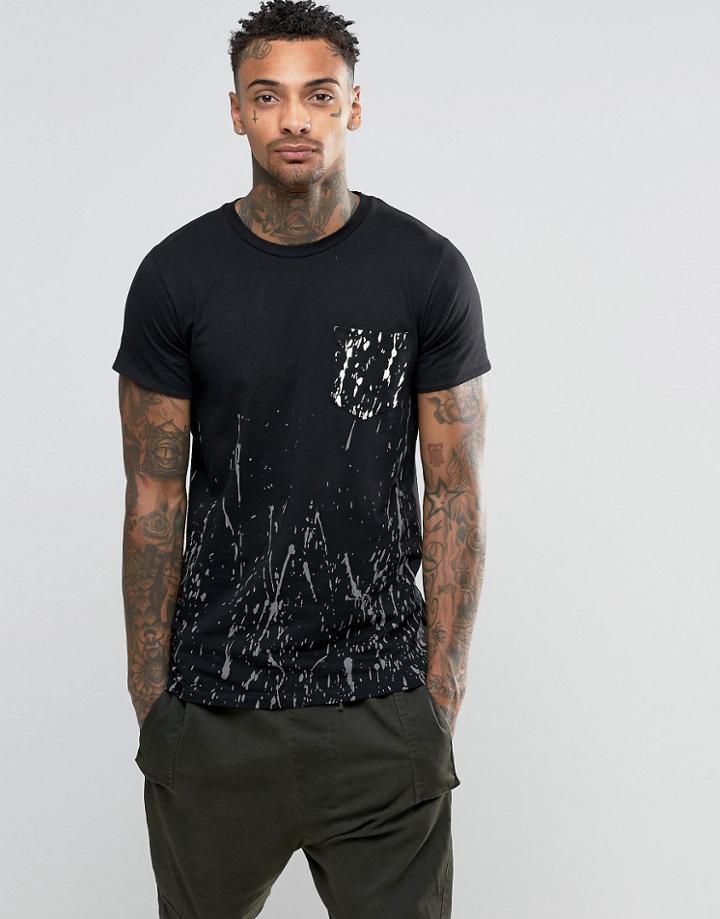 Criminal Damage T-shirt With Paint Splatter Pocket - Black