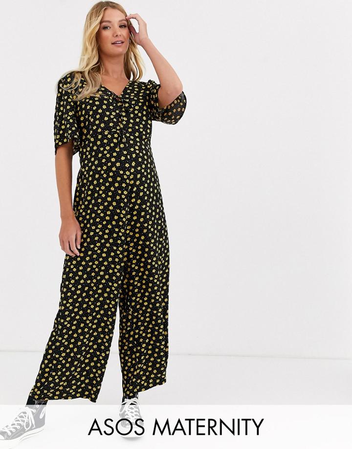 Asos Design Maternity Jumpsuit With Double Tie Front In Ditsy Print