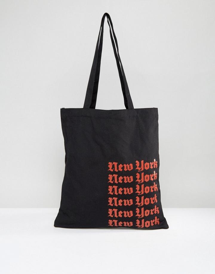Asos Tote Bag In Black With New York Print - Black