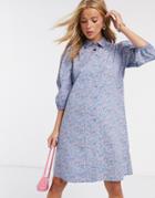 Pieces Mini Shirt Dress With Puff Sleeves In Blue Ditsy Floral-multi
