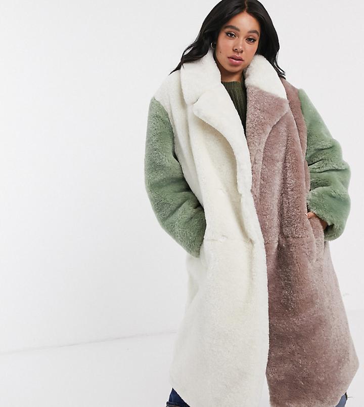 Asos Design Curve Pastel Borg Patched Maxi Coat-multi