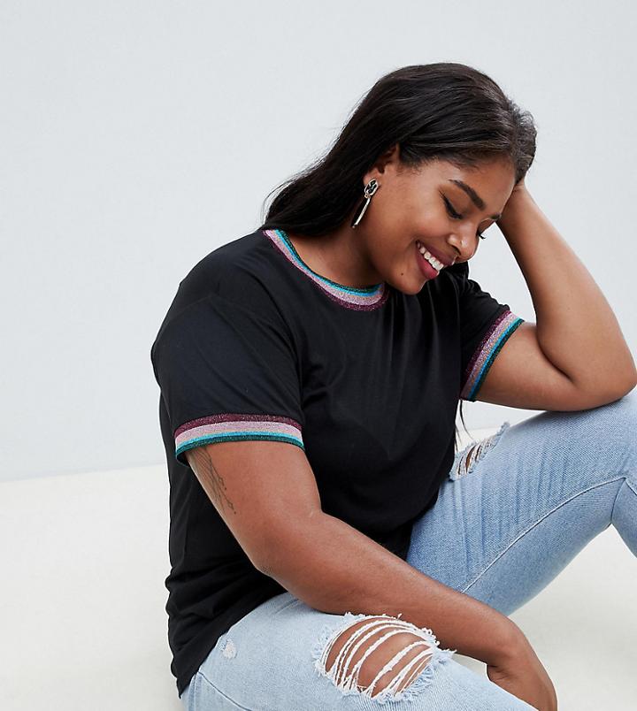 New Look Curve Metallic Trim Tee - Black