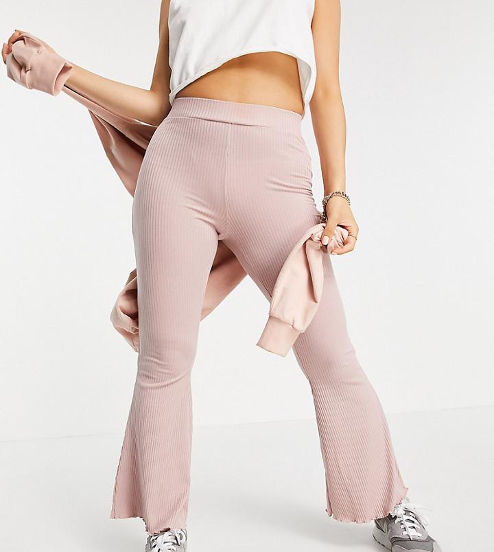 Asos Design Petite Rib Flare Pants With Lettuce Hem In Dusty Rose-pink