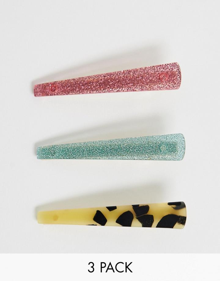 Asos Design Pack Of 3 Hair Clips In Tortoiseshell And Pastels - Multi