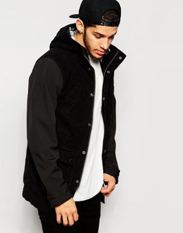 Izzue Bonded Moleskin Hooded Coat - Black