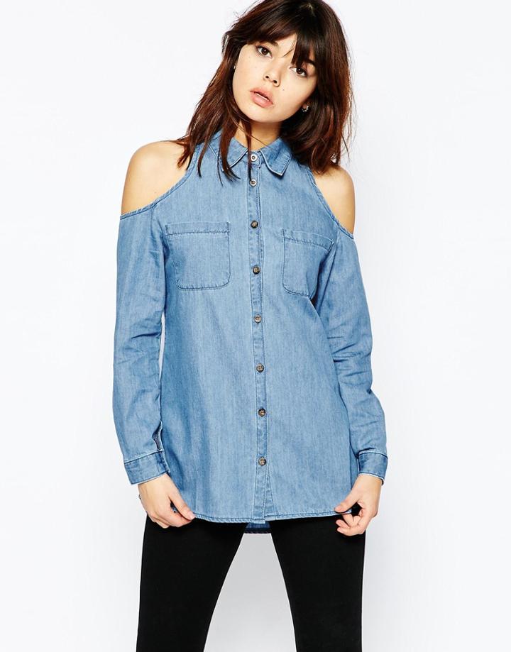 Asos Denim Cold Shoulder Shirt In Mid Wash Blue - Mid Wash Blue