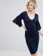 Club L V Front Dress With Flute Sleeve - Navy
