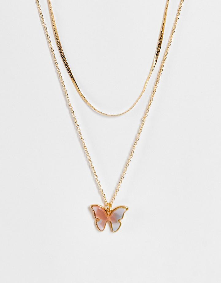 Designb London Multirow Necklace With Marbled Butterfly In Gold