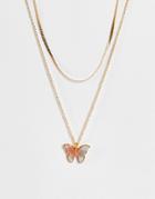 Designb London Multirow Necklace With Marbled Butterfly In Gold