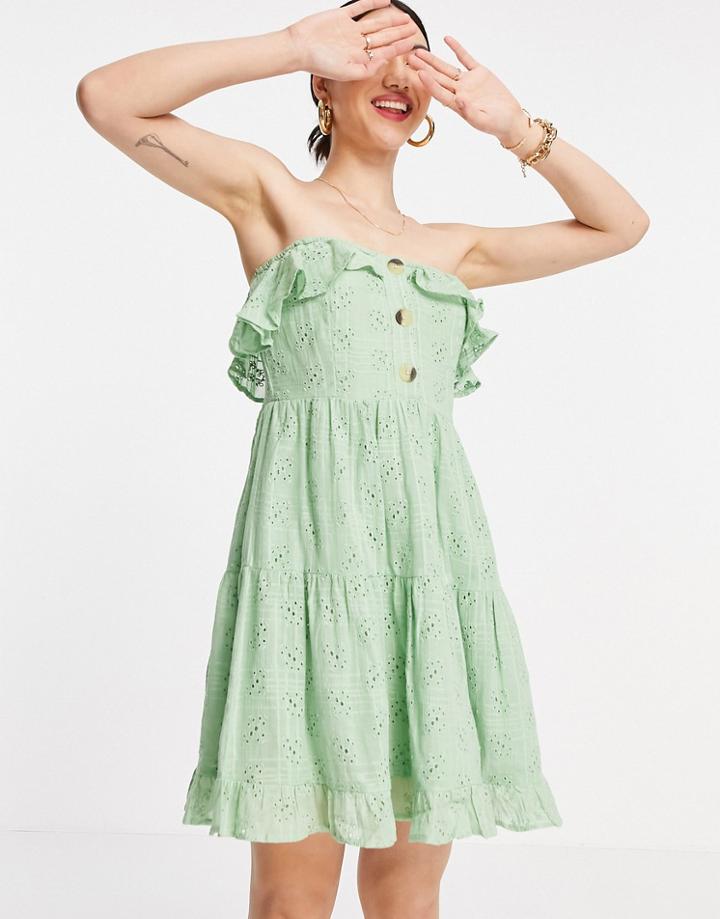 Asos Design Bandeau Mini Sundress With Pephem In Broderie In Green
