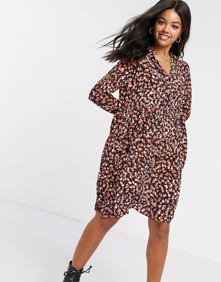 Pieces Mini Smock Shirt Dress In Black Smudge Print-multi