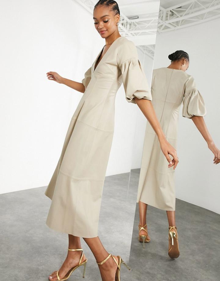 Asos Edition Leather Midi Dress With Plunge And Puff Sleeve In Stone-white