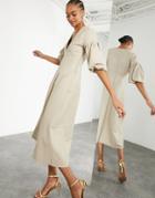Asos Edition Leather Midi Dress With Plunge And Puff Sleeve In Stone-white