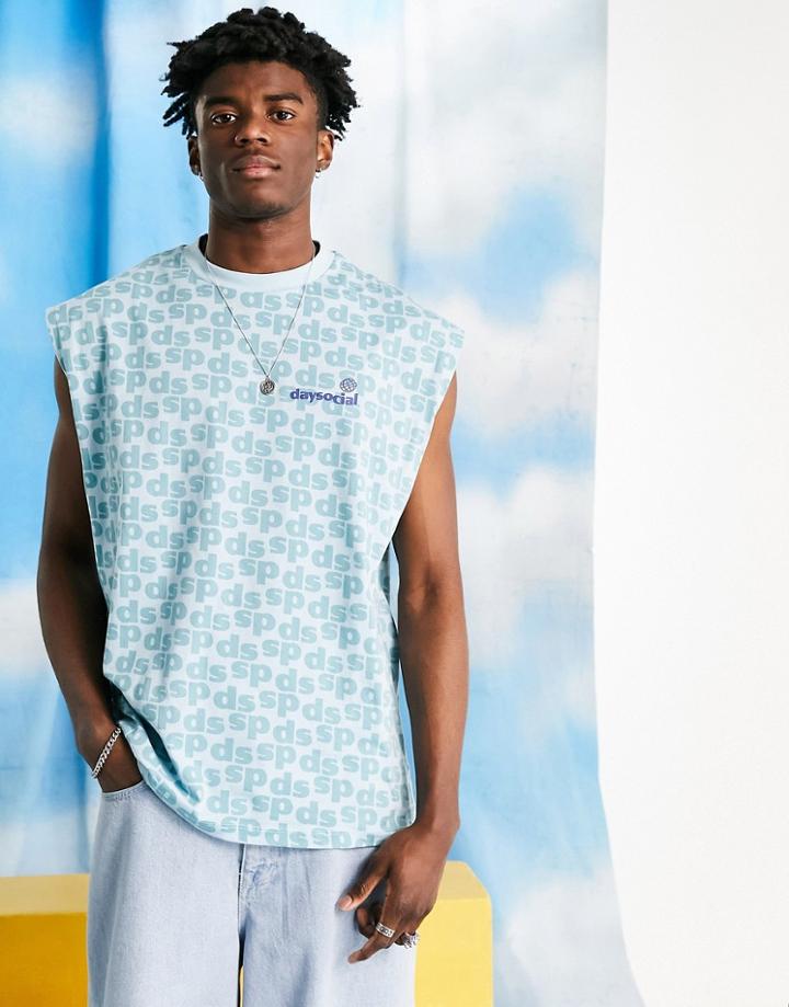 Asos Daysocial Unisex Oversized Tank Top With All Over Logo Print In Blue
