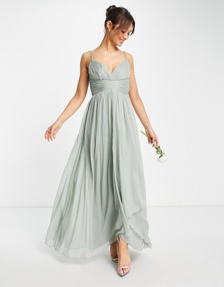 Asos Design Bridesmaid Ruched Panel Cami Maxi Dress With Wrap Skirt In Olive-green