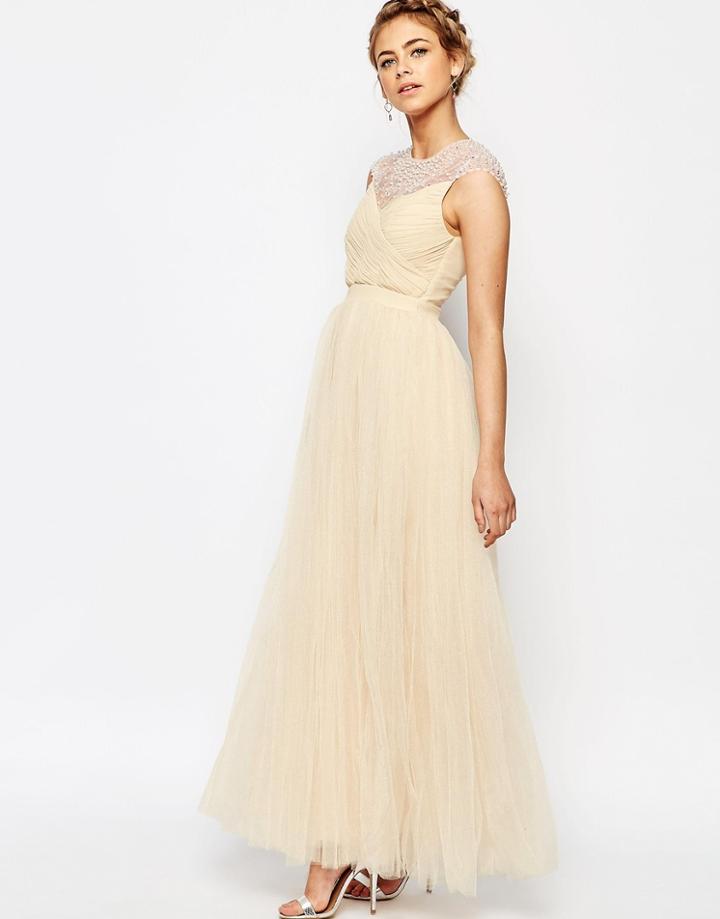 Little Mistress Tulle Maxi Dress With Rhinestone Trim - Nude