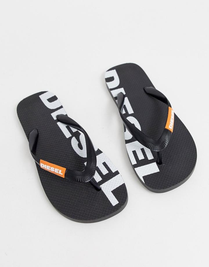 Diesel Logo Flip Flops In Black - White