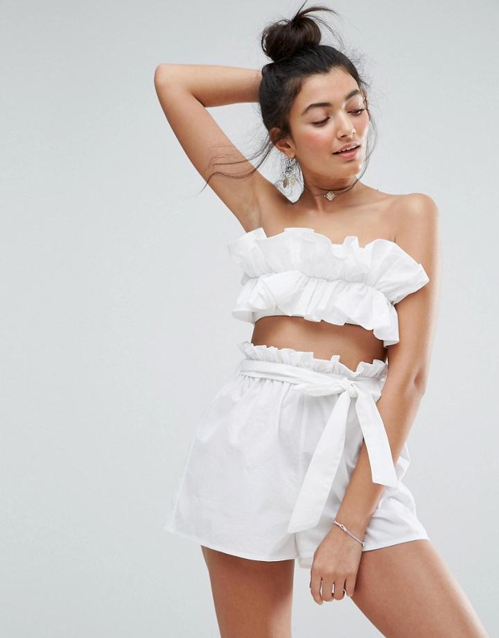 Asos Beach Co-ord Bandeau Top With Ruched Frill Detail - White