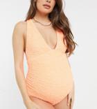 Asos Design Maternity Tie Back Bow Swimsuit In Bright Coral-orange