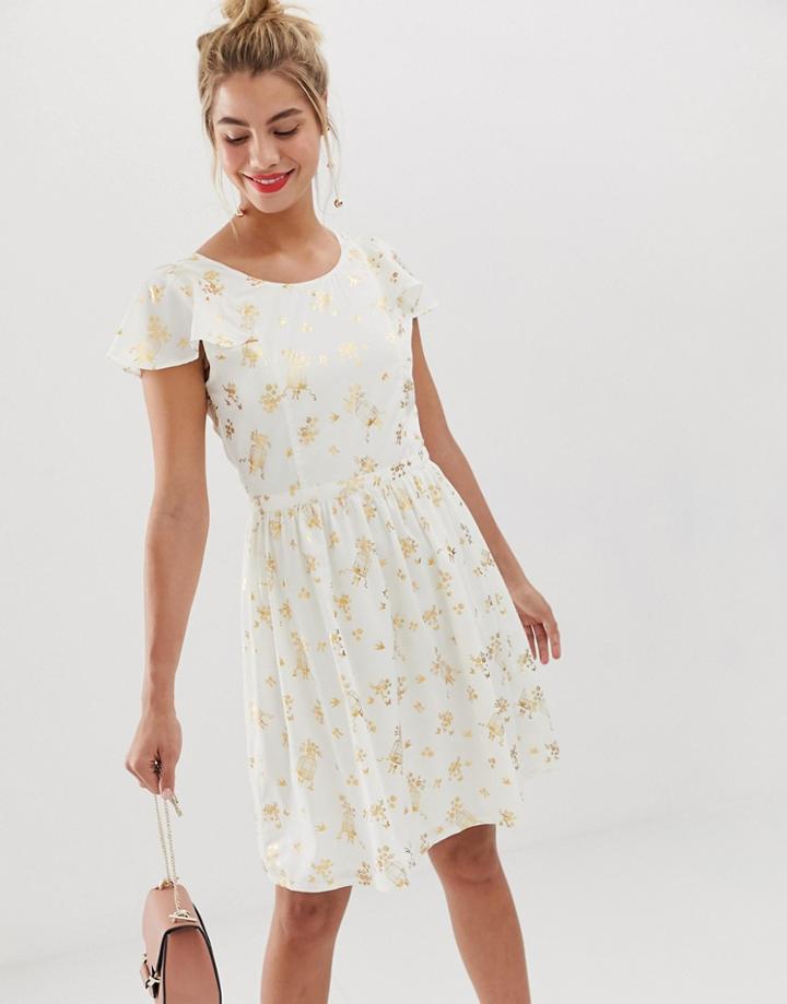 Yumi Frill Sleeve Skater Dress In Metallic Birdcage Print - White
