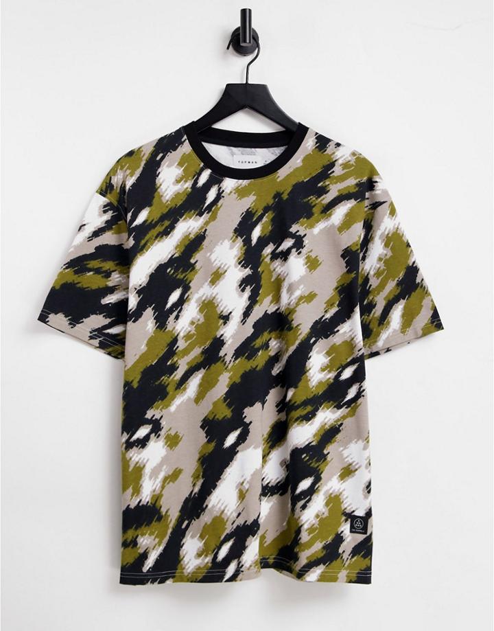 Topman Oversized Fit T-shirt In Painted Camo Print-multi