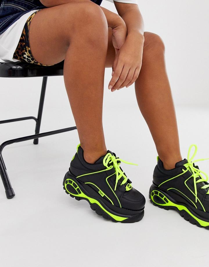 Buffalo London Classic Lowtop Sneakers In Black With Neon Piping