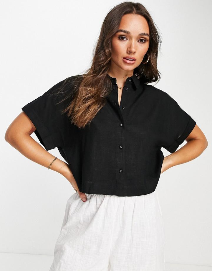 Selected Femme Linen Blend Cropped Shirt In Black - Part Of A Set